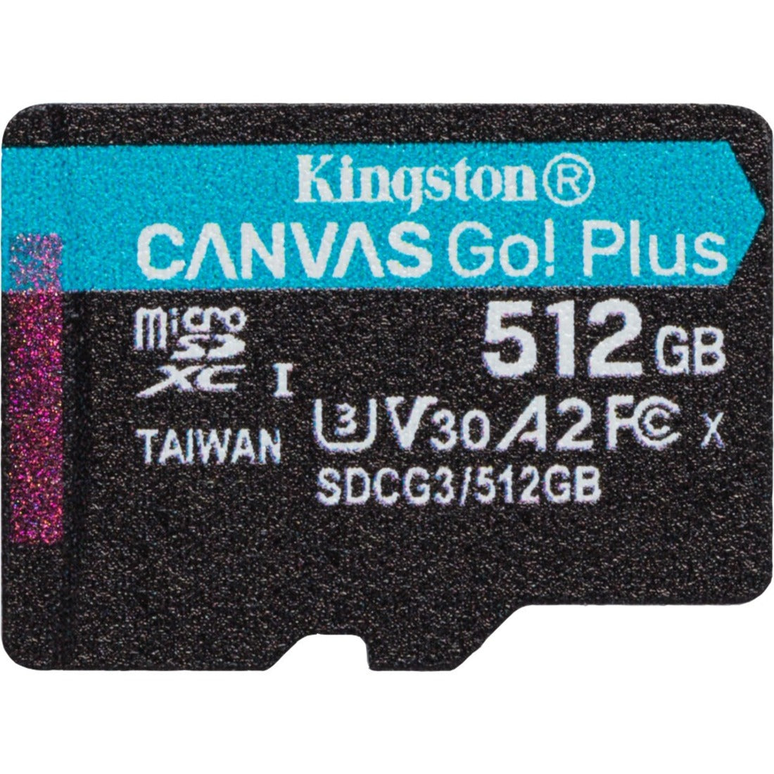 Close-up view of Kingston Canvas Go! Plus 512GB microSD card showing speed ratings and specifications-alternate-image1