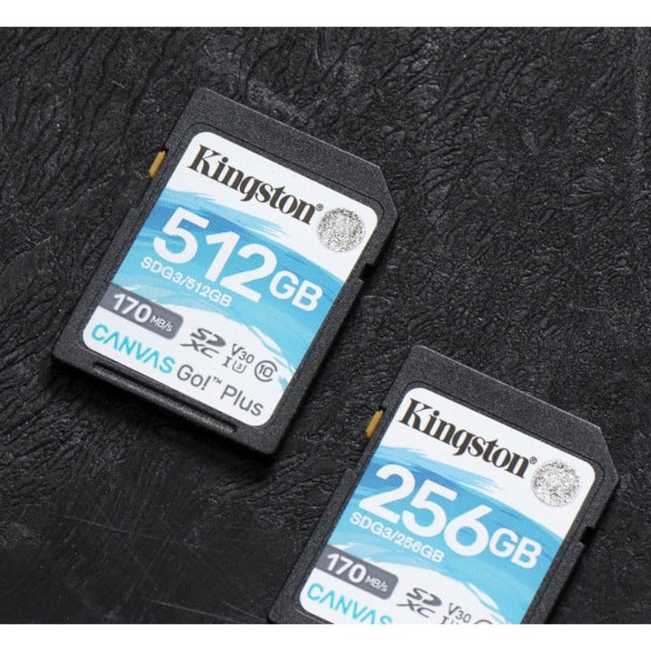 Two Kingston Canvas Go! Plus SD cards displayed on textured dark surface-alternate-image5