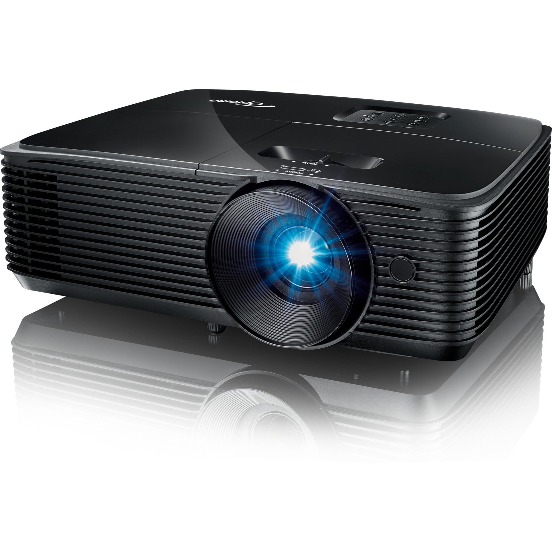 Optoma HD146X home theater projector in black with illuminated blue lens showing 3600 lumens brightness-alternate-image1