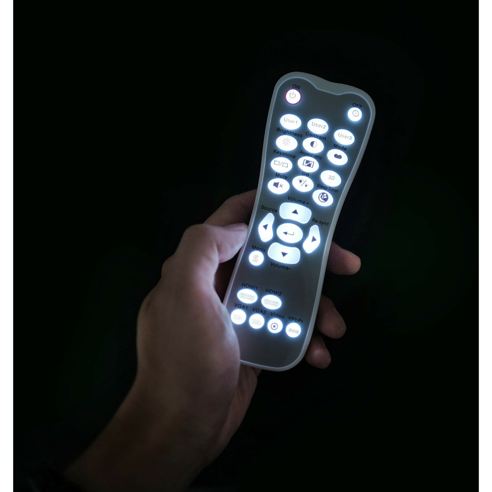 Illuminated remote control for Optoma HD146X projector showing backlit buttons in dark setting-alternate-image3