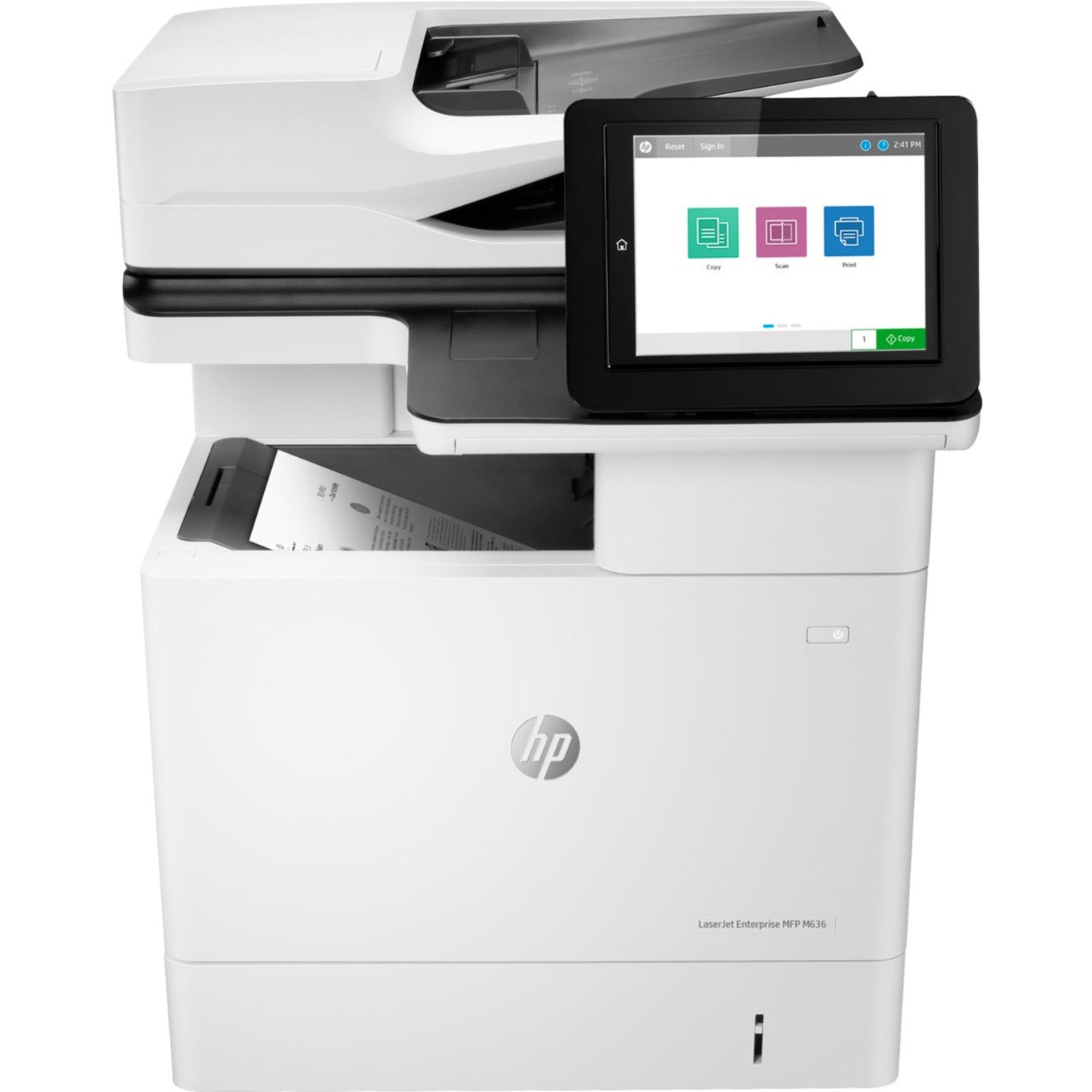 Front view of HP LaserJet M636fh multifunction printer showing large touchscreen display and document feeder-alternate-image1