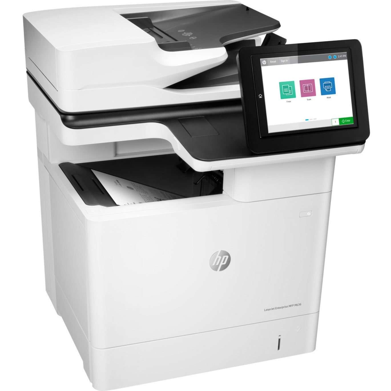 Angled side view of HP LaserJet M636fh showing multiple paper trays and document feeding system-alternate-image2