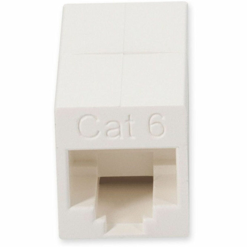 Close-up view of Cat6 labeling on white inline coupler