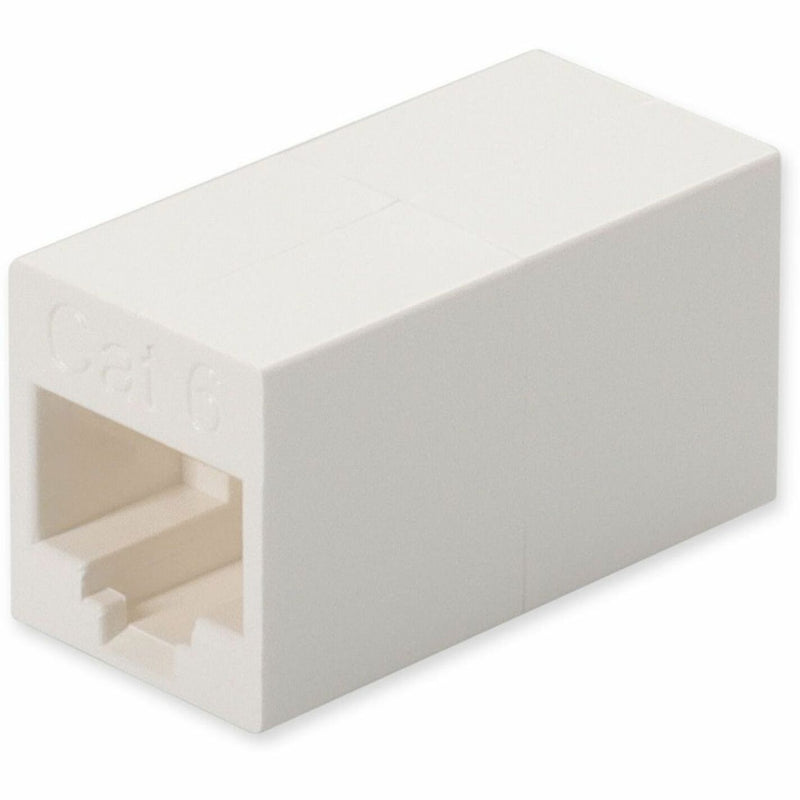 White Cat6 RJ-45 female to female inline coupler shown from side angle