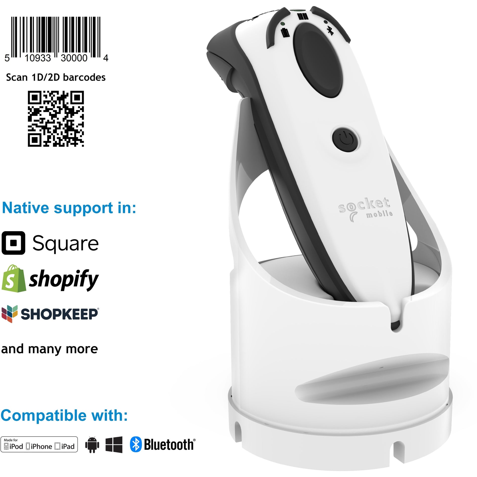 Socket Mobile DURASCAN D740 UNIVERSAL BARCODE SCANNER V20 WHITE & WHITE CHG (CX3783-2543)