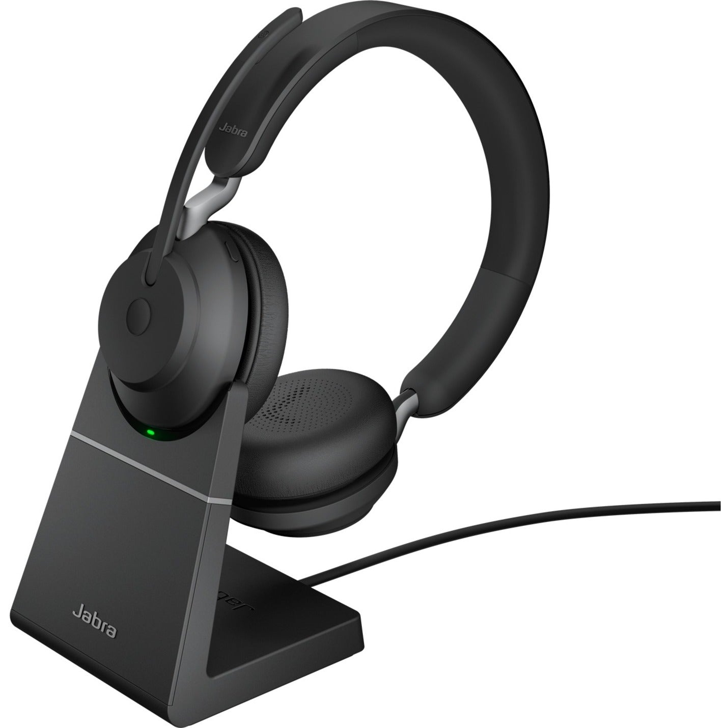 Jabra Evolve2 65 wireless headset on black charging stand with green LED indicator-alternate-image1