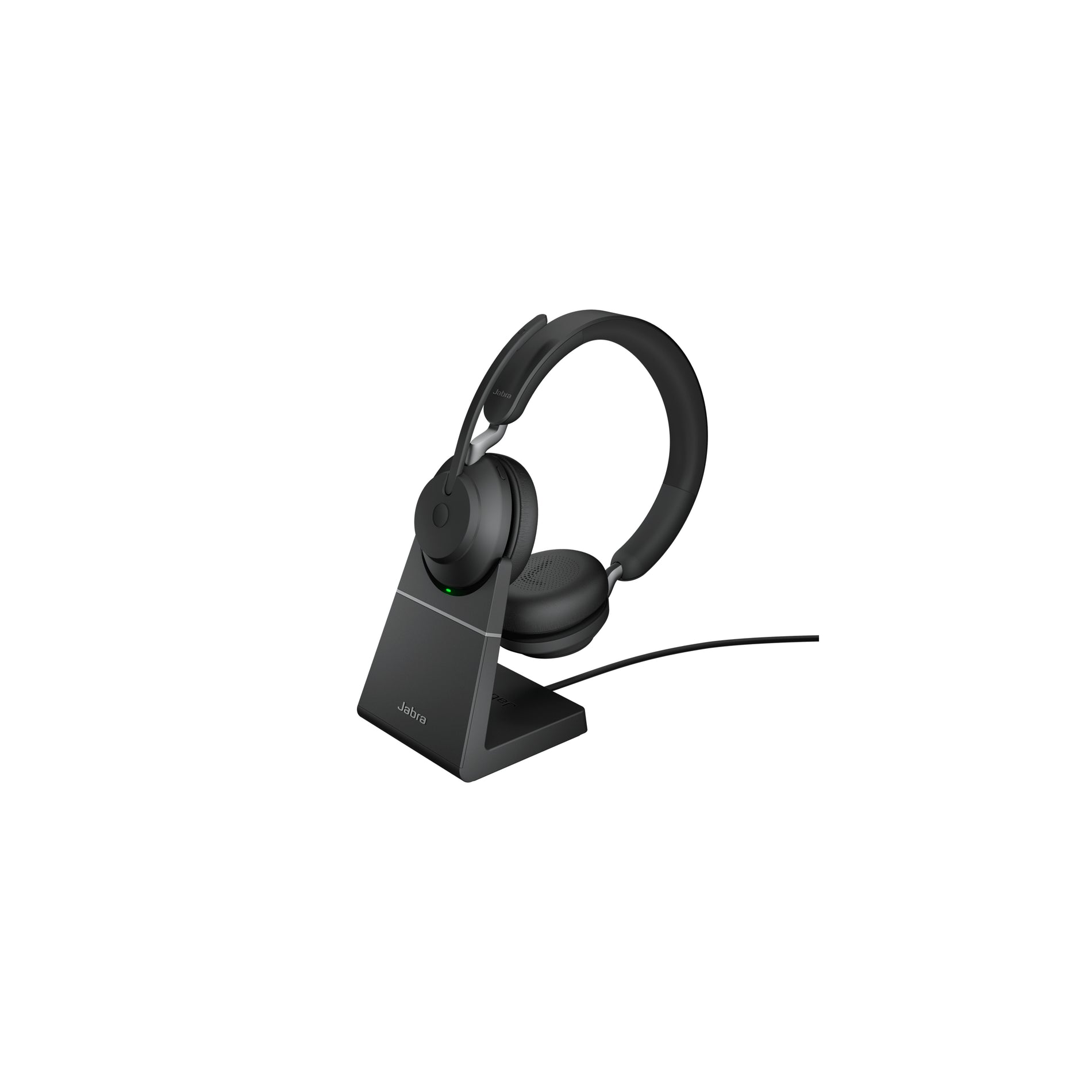 Side angle view of Jabra Evolve2 65 headset on charging stand-alternate-image2