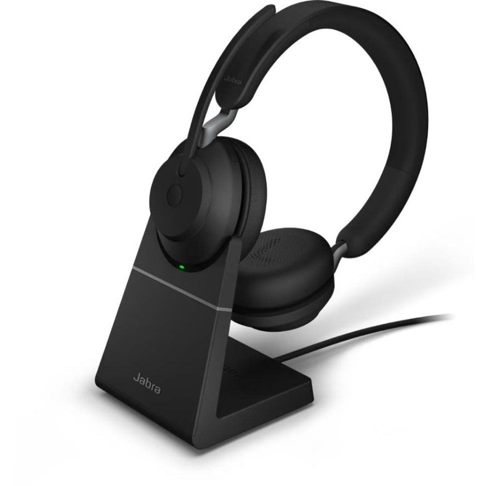 Jabra Evolve2 65 headset on charging stand showing sleek design-alternate-image12