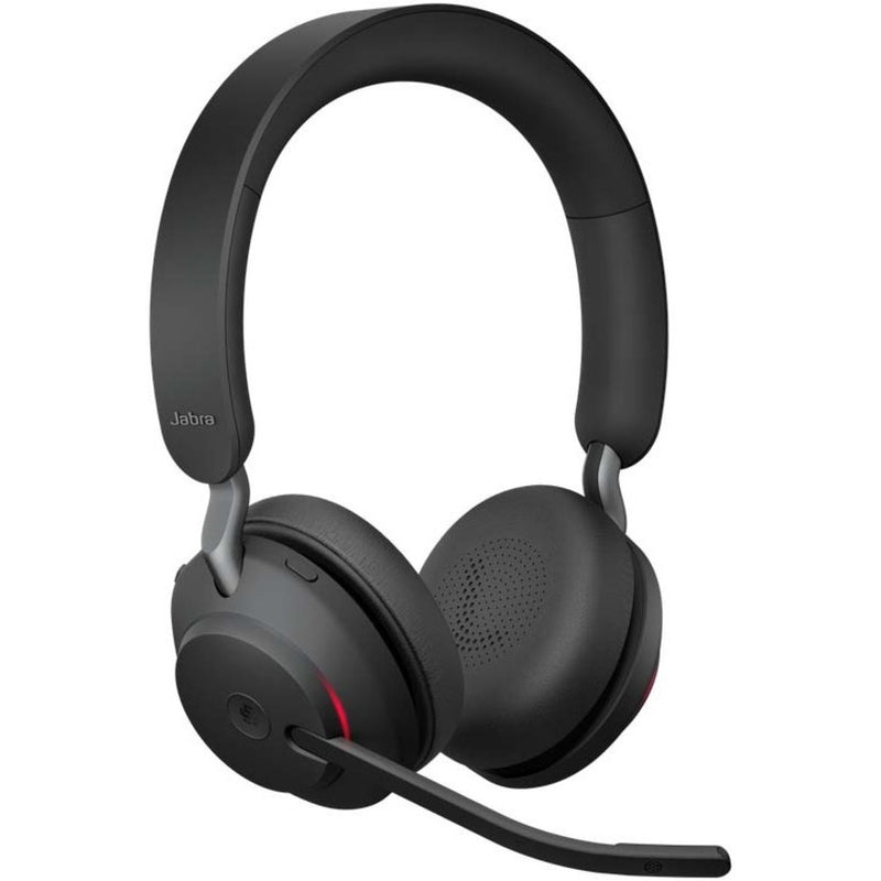 Side view of black Jabra Evolve2 65 wireless headset with boom microphone