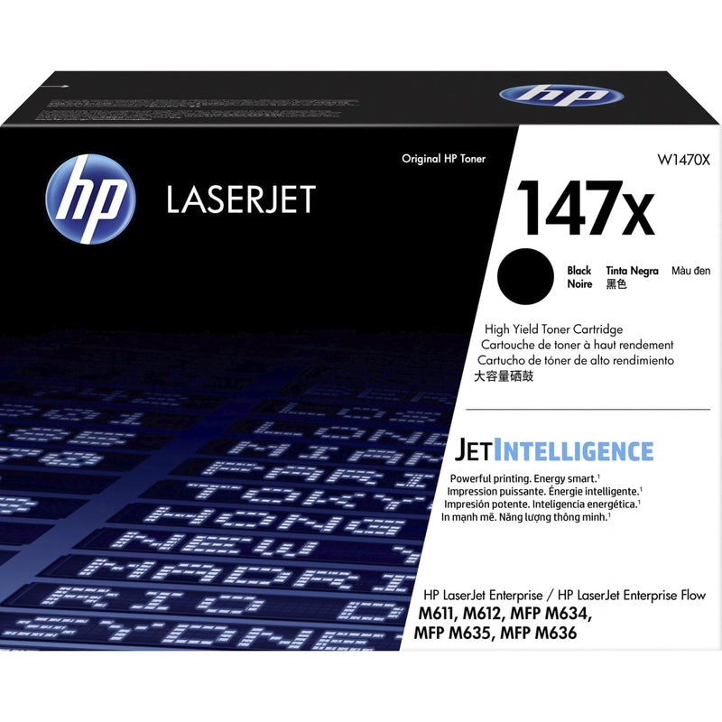 HP 147X Black LaserJet toner cartridge packaging with JetIntelligence branding