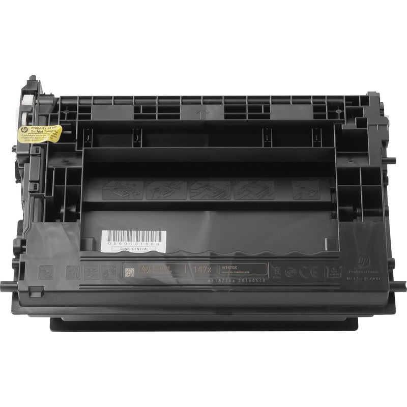 Detailed view of HP 147X toner cartridge showing installation guides and construction