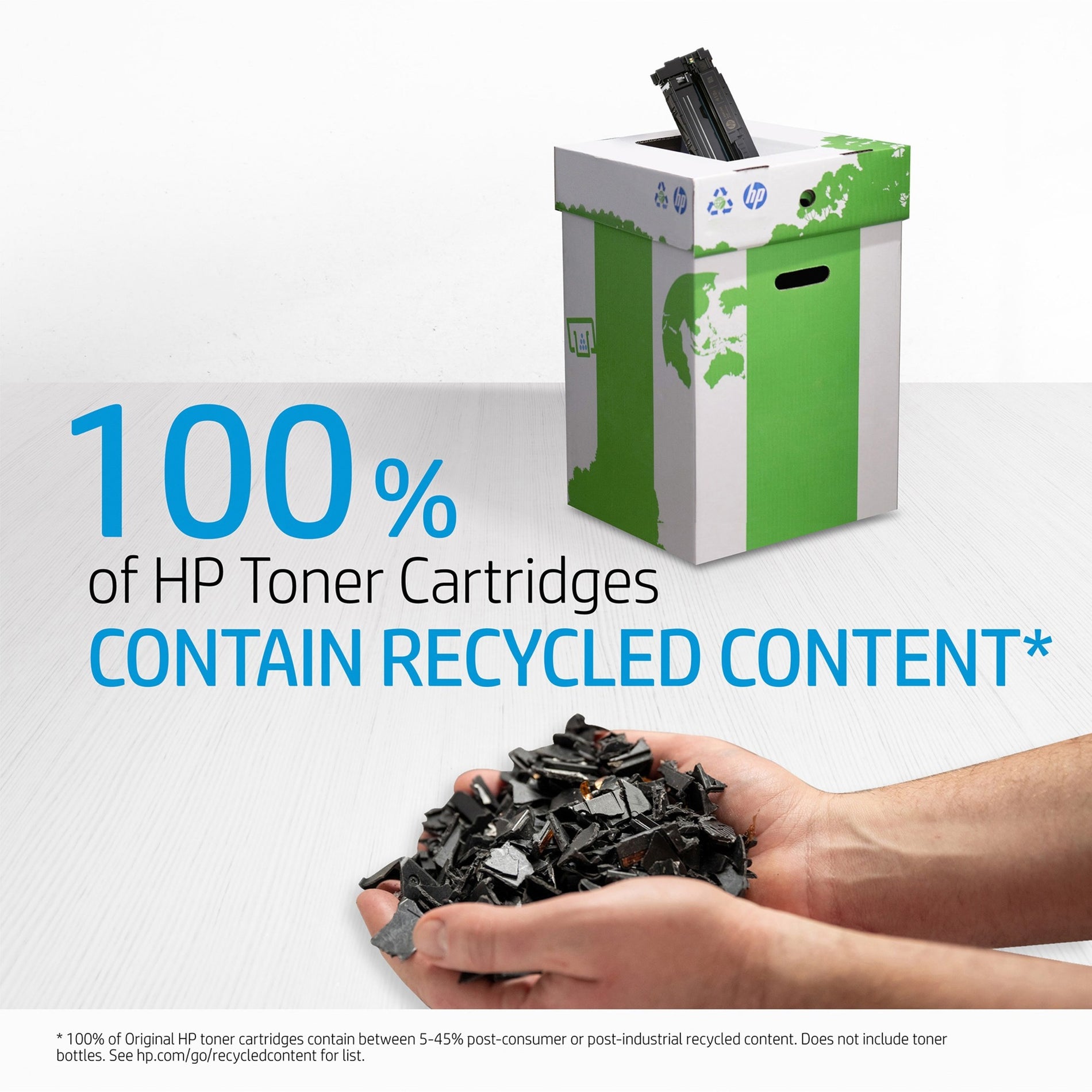 HP recycling box with toner cartridge showing 100% recycled content message-alternate-image6