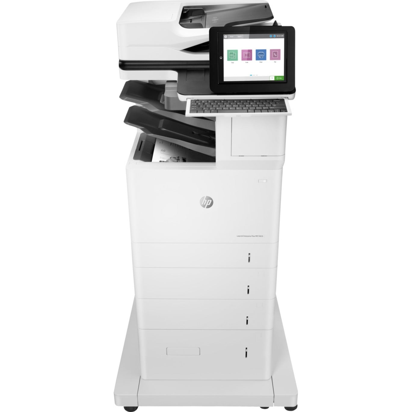 Side angle view of HP LaserJet Enterprise M635z showing multiple paper trays and mobile stand configuration-alternate-image2