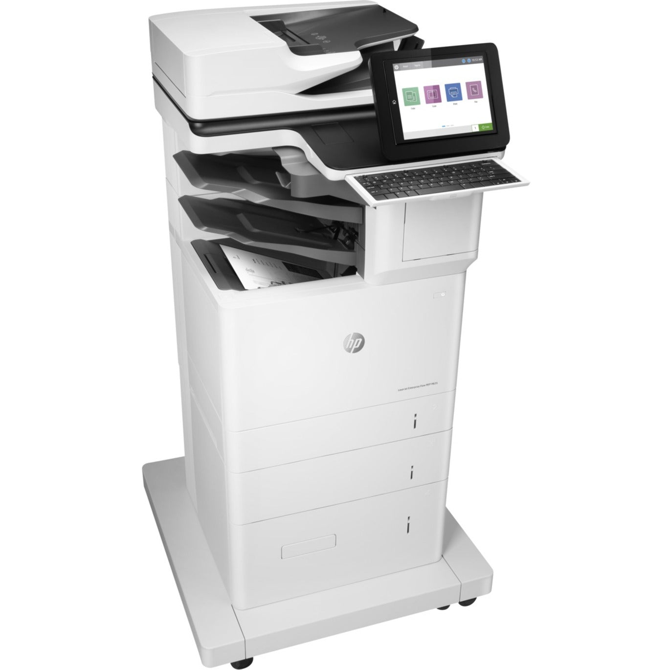 Front view of HP LaserJet Enterprise M635z multifunction printer showing touchscreen display, keyboard, and multiple paper trays-alternate-image1