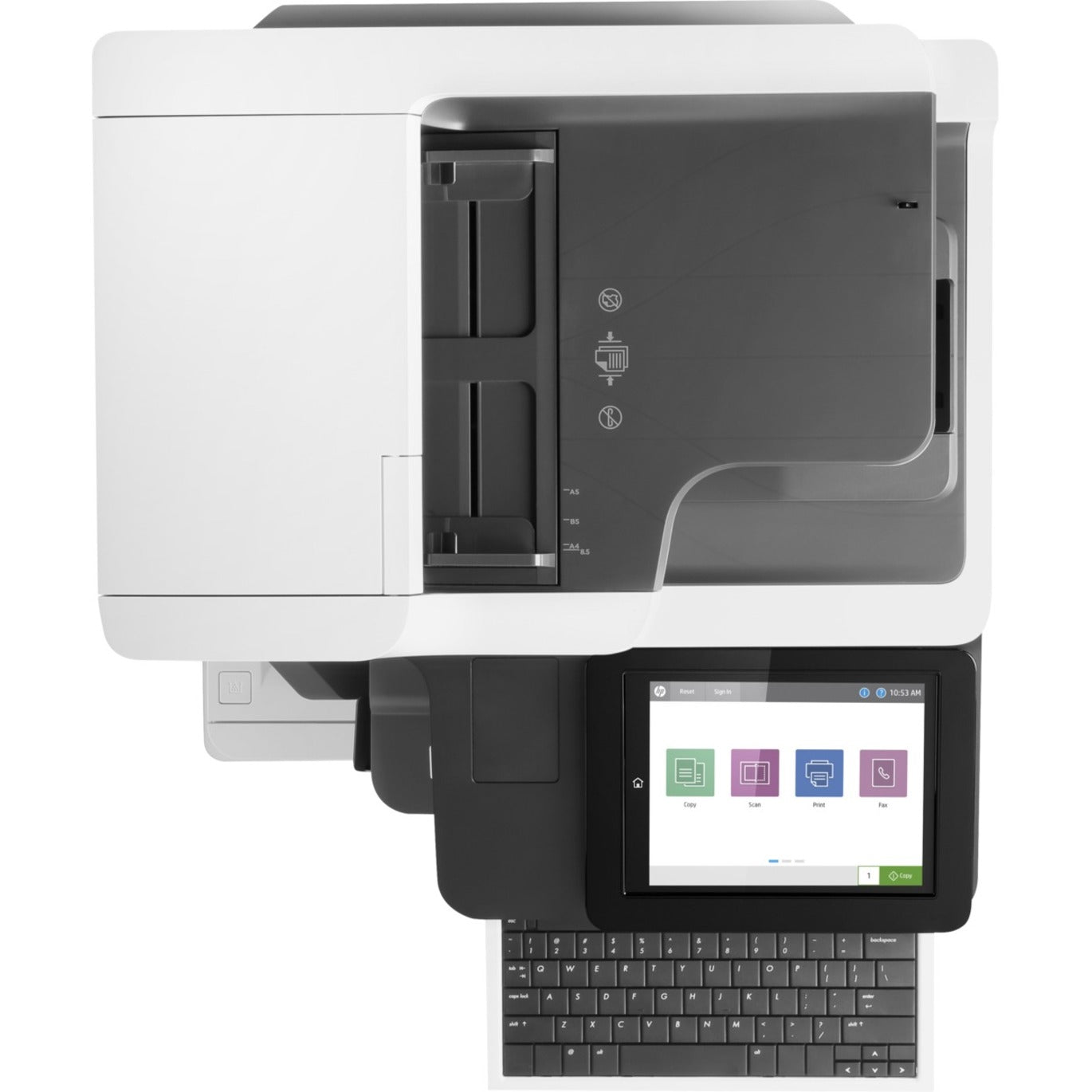 Top view of HP LaserJet Enterprise M635z displaying touchscreen interface and document feeder-alternate-image4