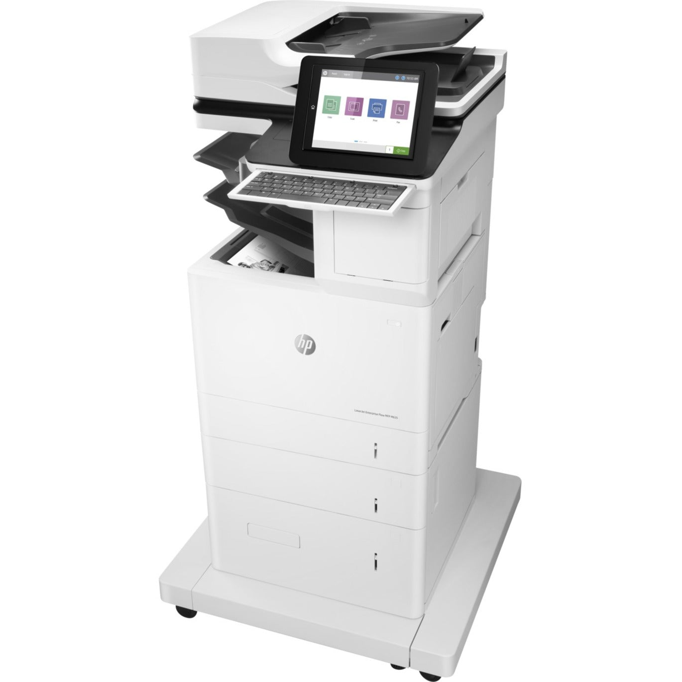 Front view of HP LaserJet M635z multifunction printer showing touchscreen interface, pull-out keyboard, and multiple paper trays-alternate-image1