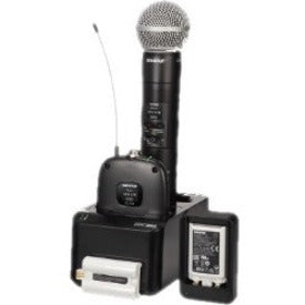 Shure SLXD14/93 wireless microphone system showing handheld microphone, digital receiver unit, and charging dock with LCD display-alternate-image1