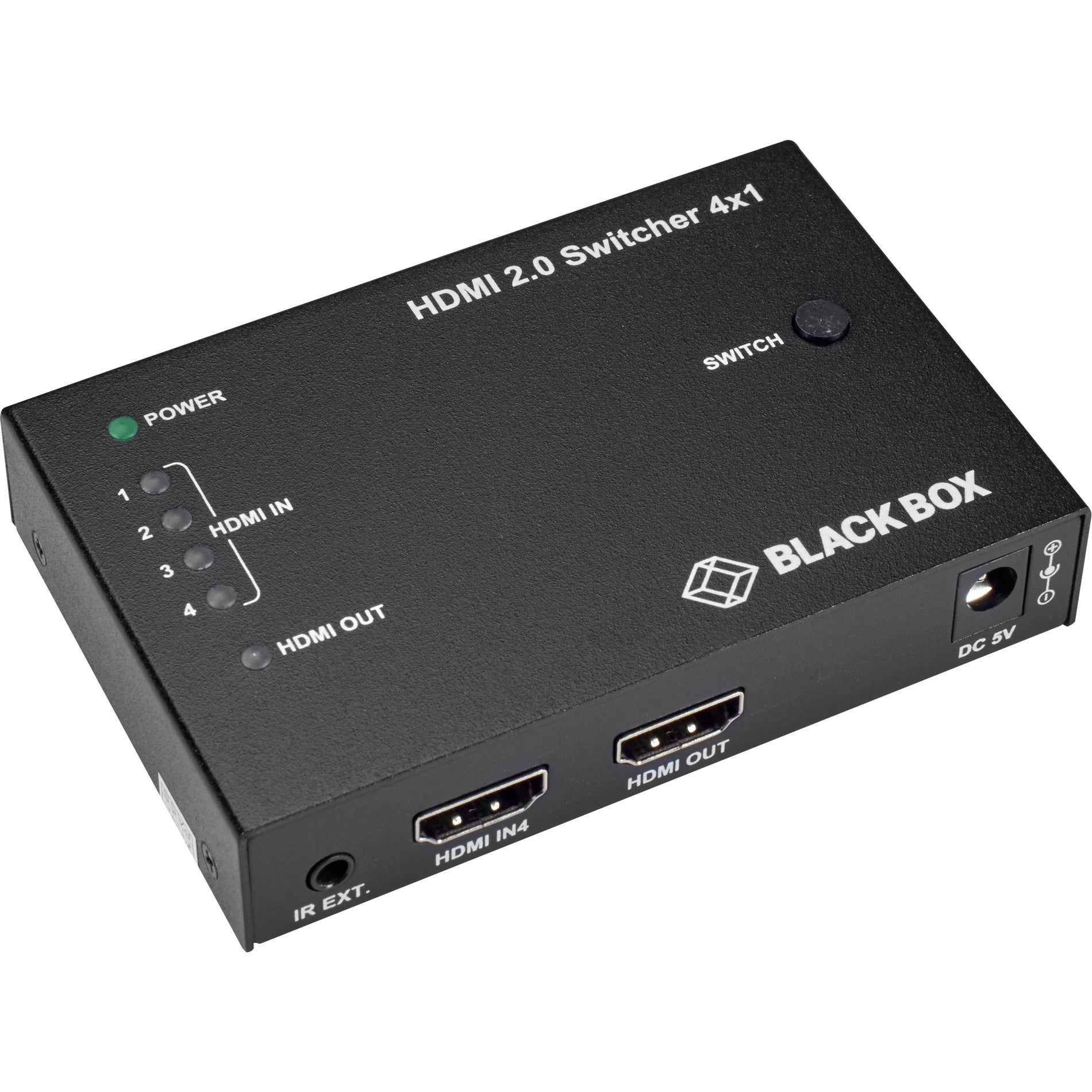 Top view of Black Box HDMI 2.0 4x1 Switch showing power LED, input indicators, and switch button-alternate-image1