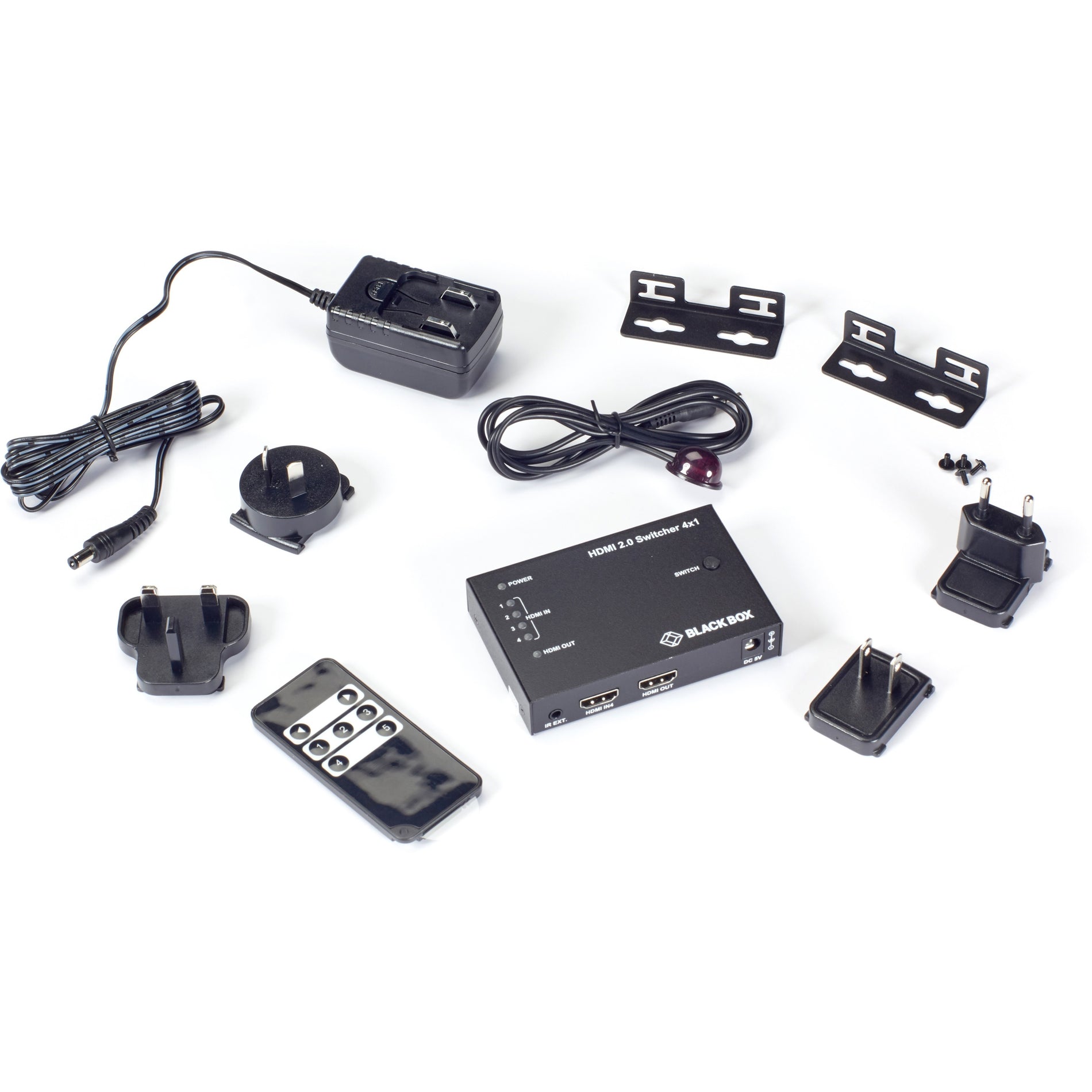 Complete package contents of HDMI switch including power adapters, remote control, mounting brackets, and cables-alternate-image4