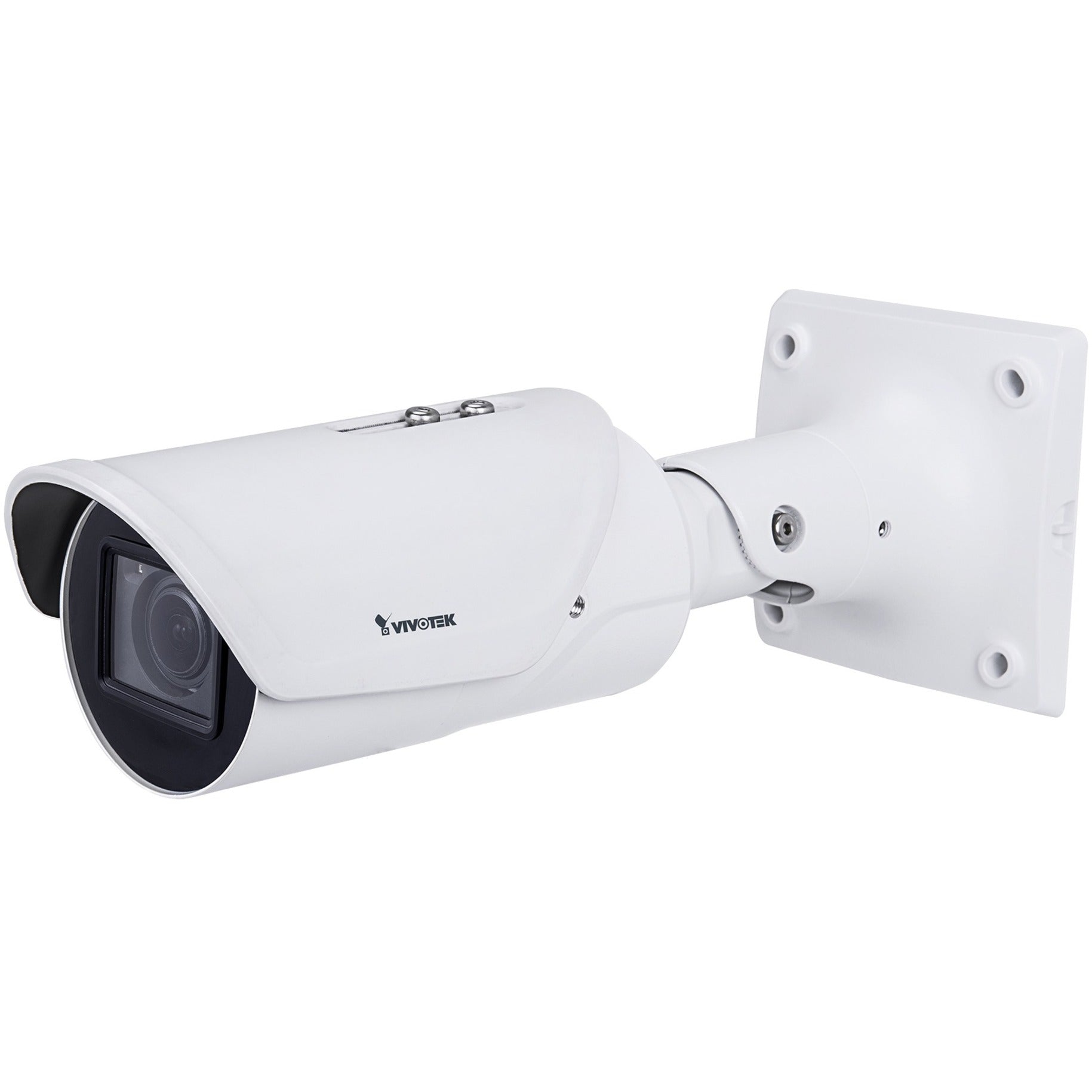 White Vivotek bullet security camera with mounting bracket showing 5MP lens and weatherproof housing-alternate-image1