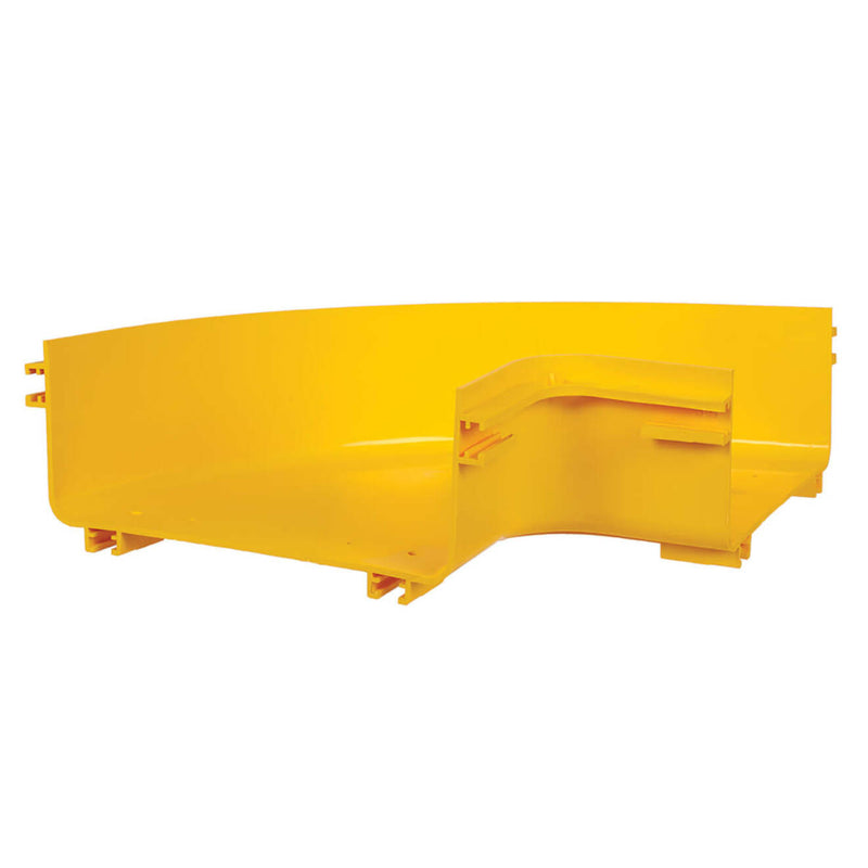 Yellow PVC 90-degree elbow connector for SmartRack fiber cable routing system shown from side angle