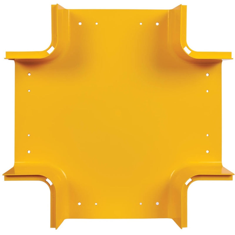 Front view of yellow fiber routing junction showing mounting hole pattern