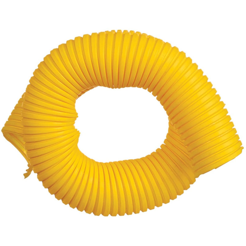 Curved section of yellow corrugated cable management tubing