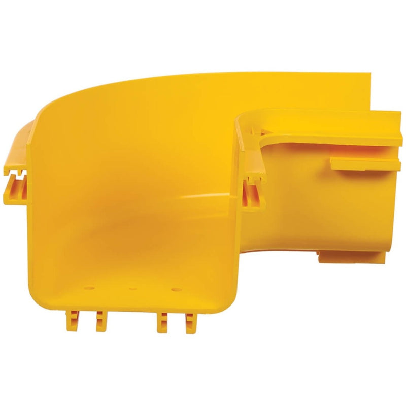 Detail view of yellow PVC elbow mounting features