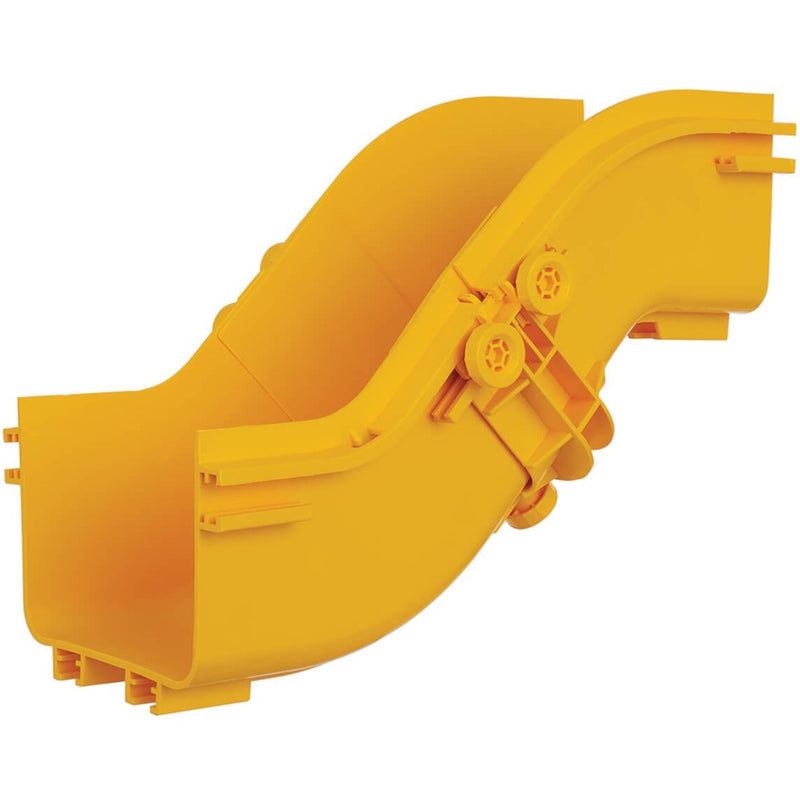 Yellow PVC 45-degree fiber cable ramp showing smooth curved transition and integrated mounting hardware