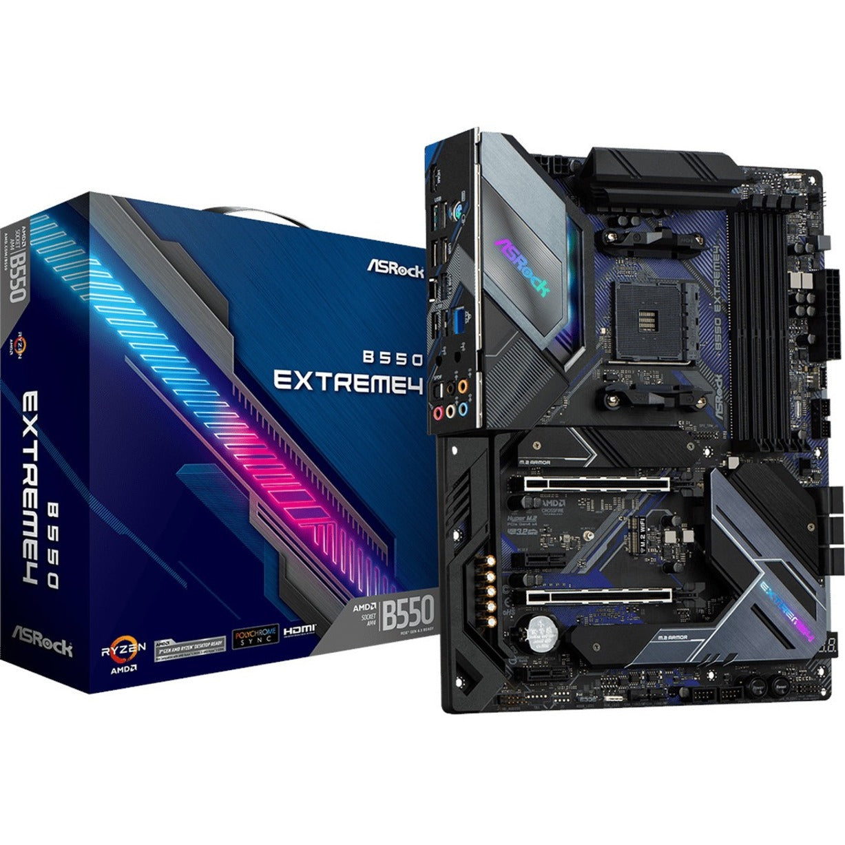 ASRock B550 Extreme4 motherboard with retail packaging showing premium design and RGB lighting features-alternate-image1