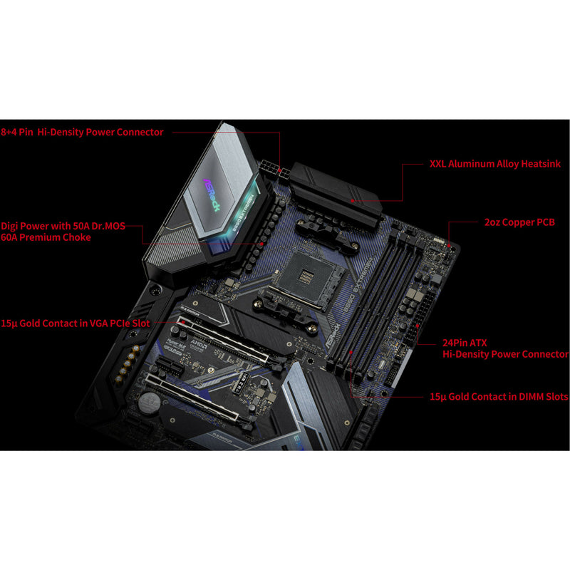 Labeled diagram showing premium components of ASRock B550 Extreme4 motherboard