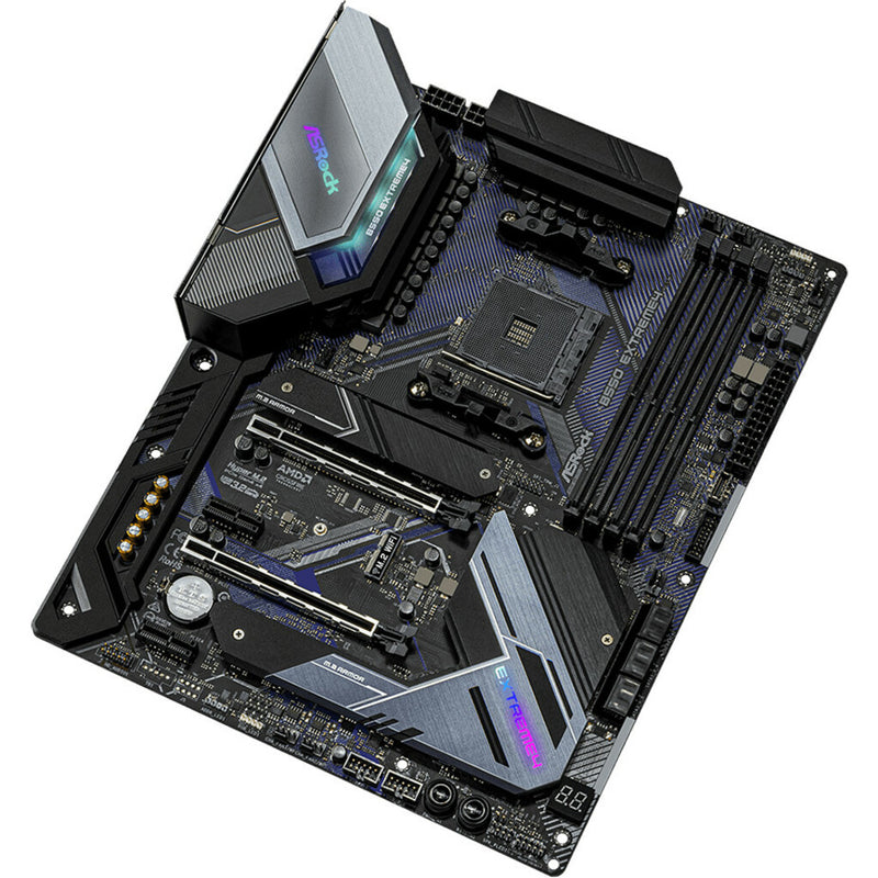 Angled view of ASRock B550 Extreme4 motherboard highlighting power delivery components