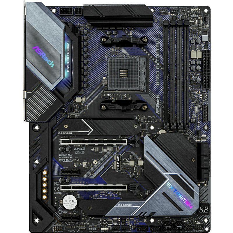 Top-down view of ASRock B550 Extreme4 motherboard showing dual M.2 slots and heatsink arrangement