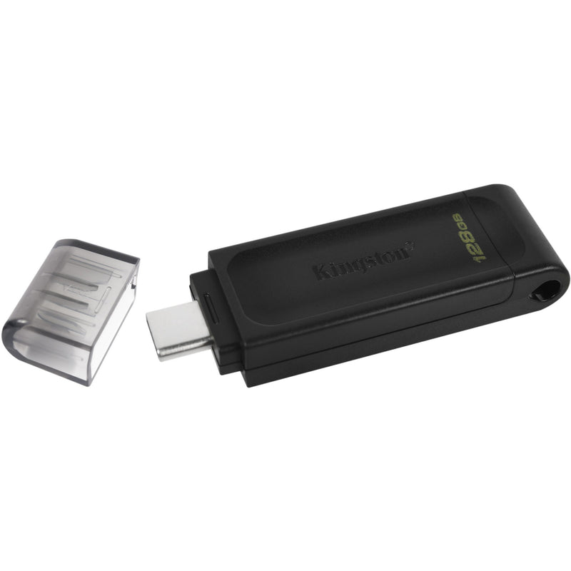 Kingston DataTraveler 70 USB-C flash drive with protective cap shown in black color