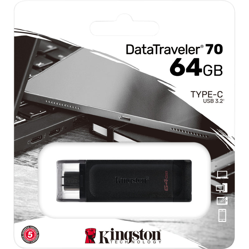 Kingston DataTraveler 70 retail packaging showing product specifications and USB-C compatibility