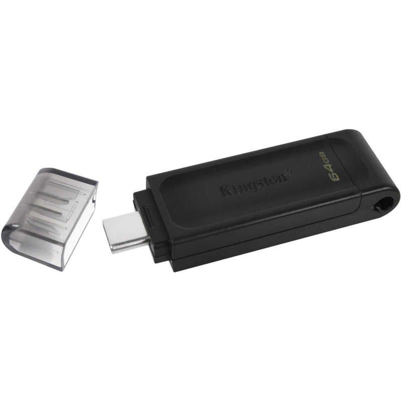 Kingston DataTraveler 70 USB-C flash drive with protective cap removed showing USB-C connector