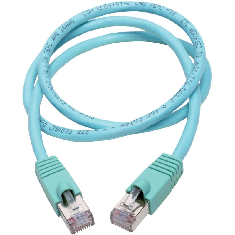 Full length view of aqua CAT6A ethernet cable showing cable markings and flexibility