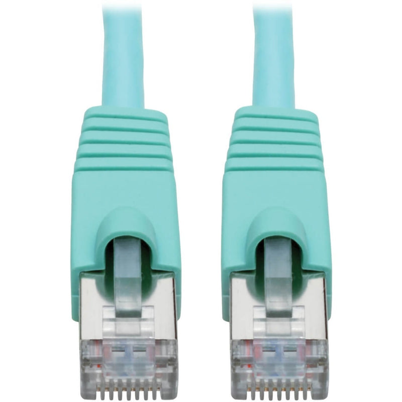 Close-up view of CAT6A STP cable connectors showing shielded RJ45 terminations in aqua color