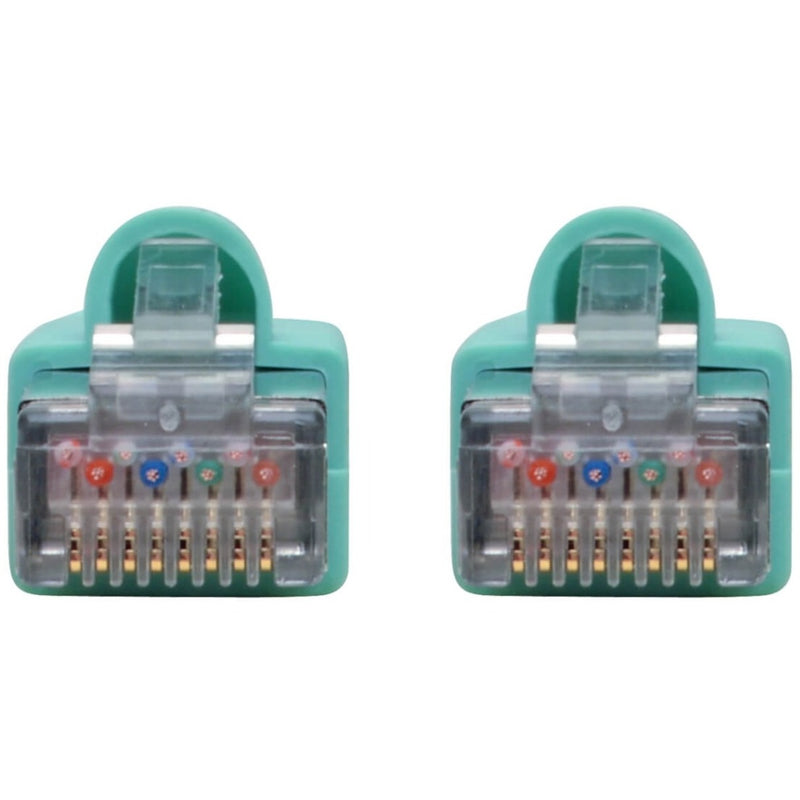 Detailed view of RJ45 connector pins showing gold contacts and internal wiring