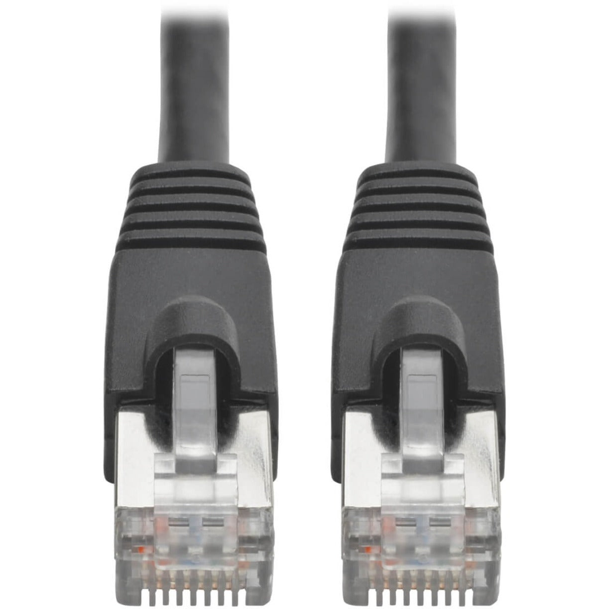 Close-up view of shielded RJ45 connectors with strain relief boots on CAT6A cable-alternate-image1