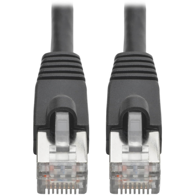 Close-up view of gold-plated RJ45 connectors with snagless boots on Cat6a cable