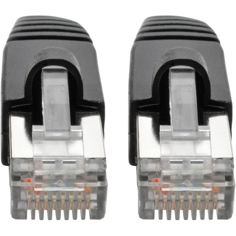 Detailed macro shot of RJ45 connector pin layout and internal construction