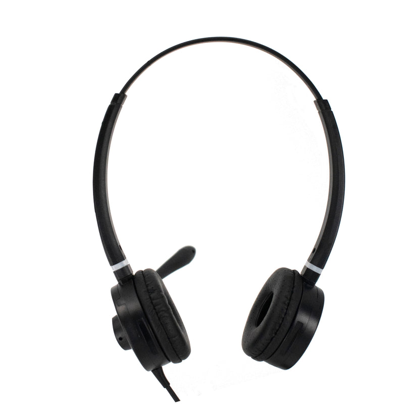 Front view of Spracht dual-ear USB headset with noise-canceling microphone and cushioned earpieces