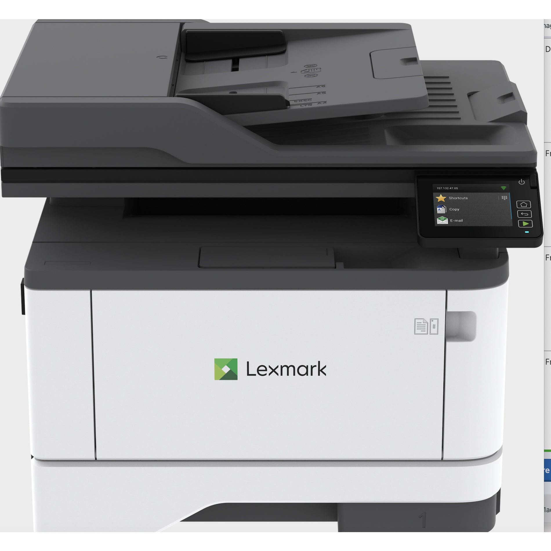 Front view of Lexmark MX431adn multifunction printer showing touchscreen interface and document feeder-alternate-image1