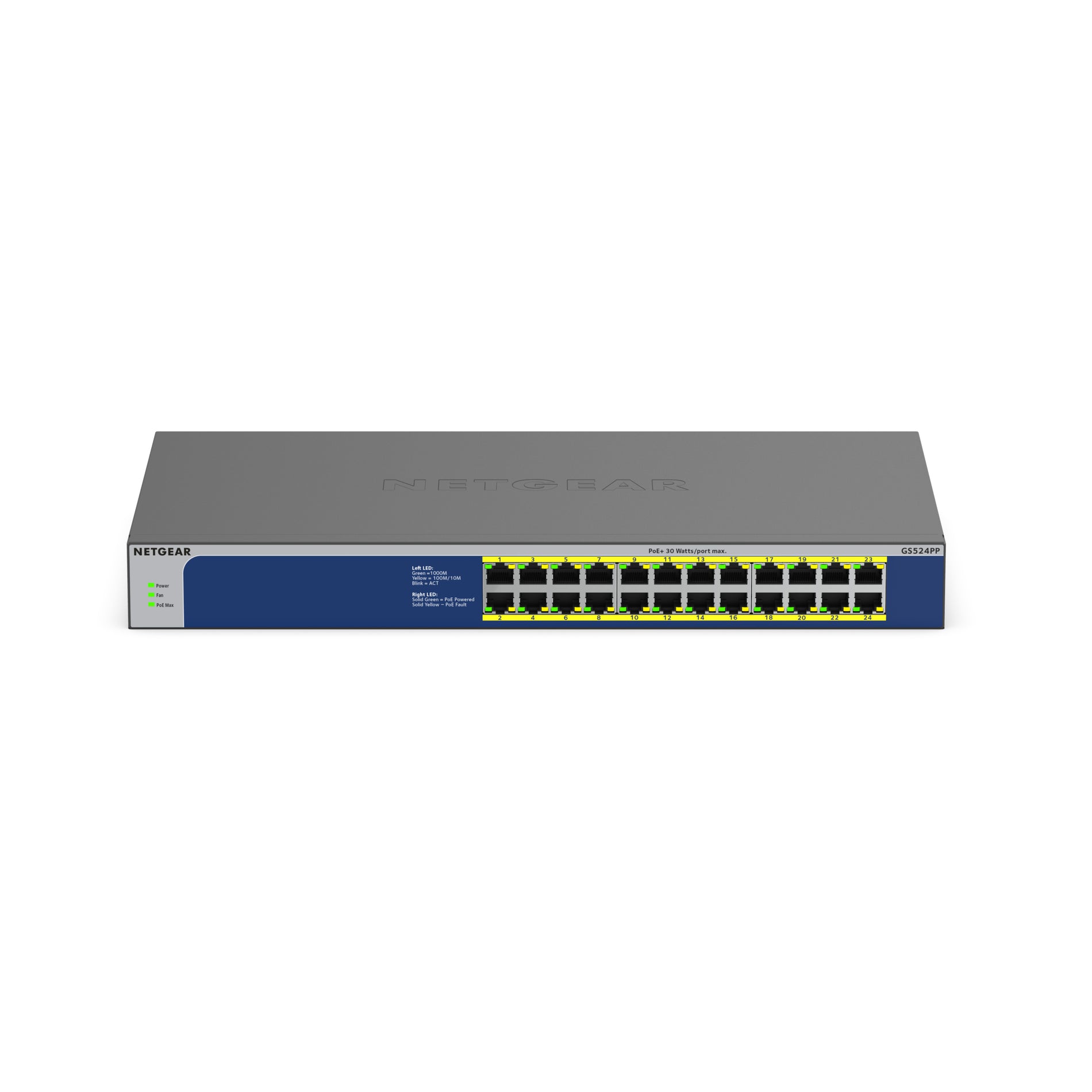 Front view of NETGEAR GS524PP 24-port Gigabit PoE+ Ethernet switch showing LED indicators and network ports-alternate-image1