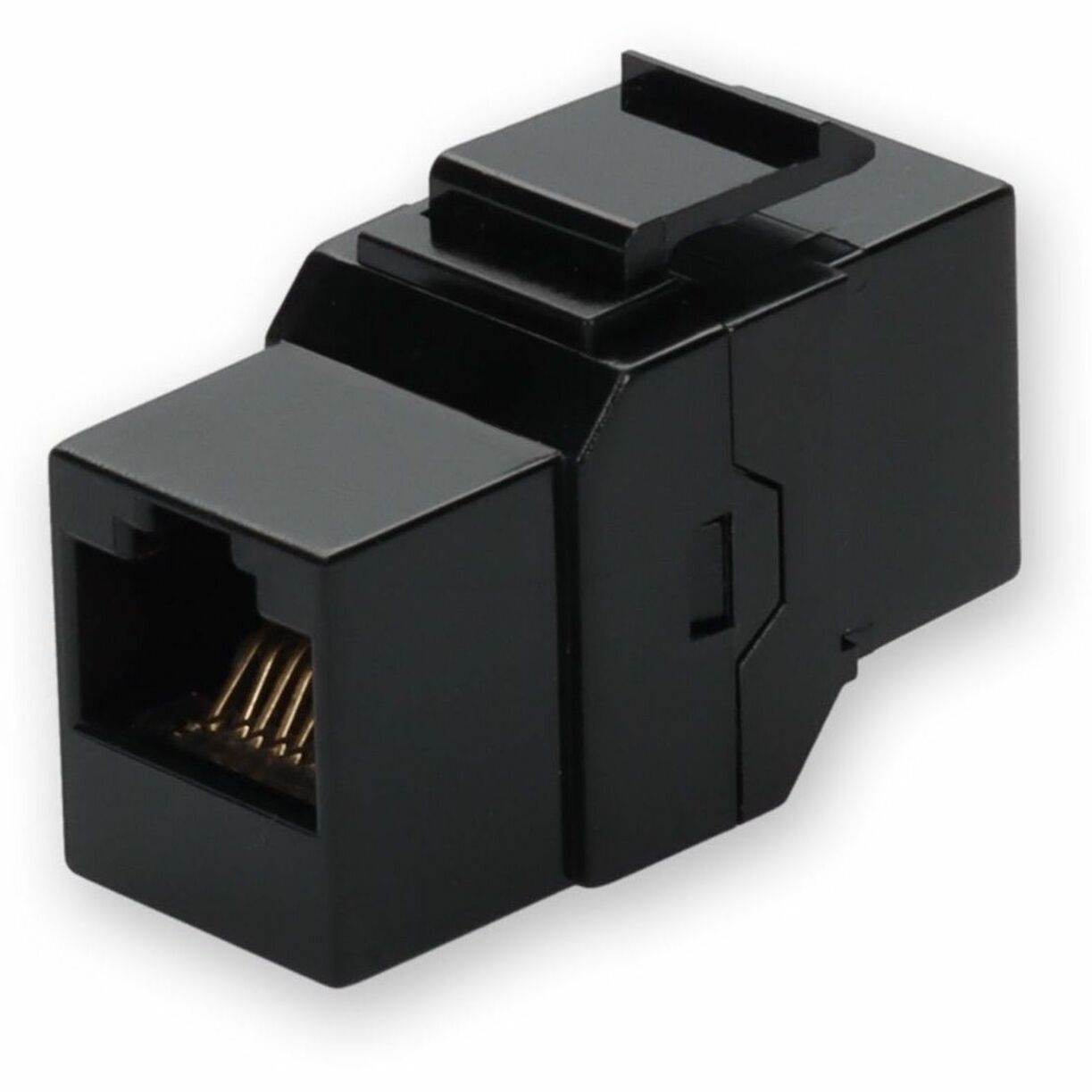 Black Cat6 RJ-45 female coupler showing gold-plated contact pins from front angle view-alternate-image1