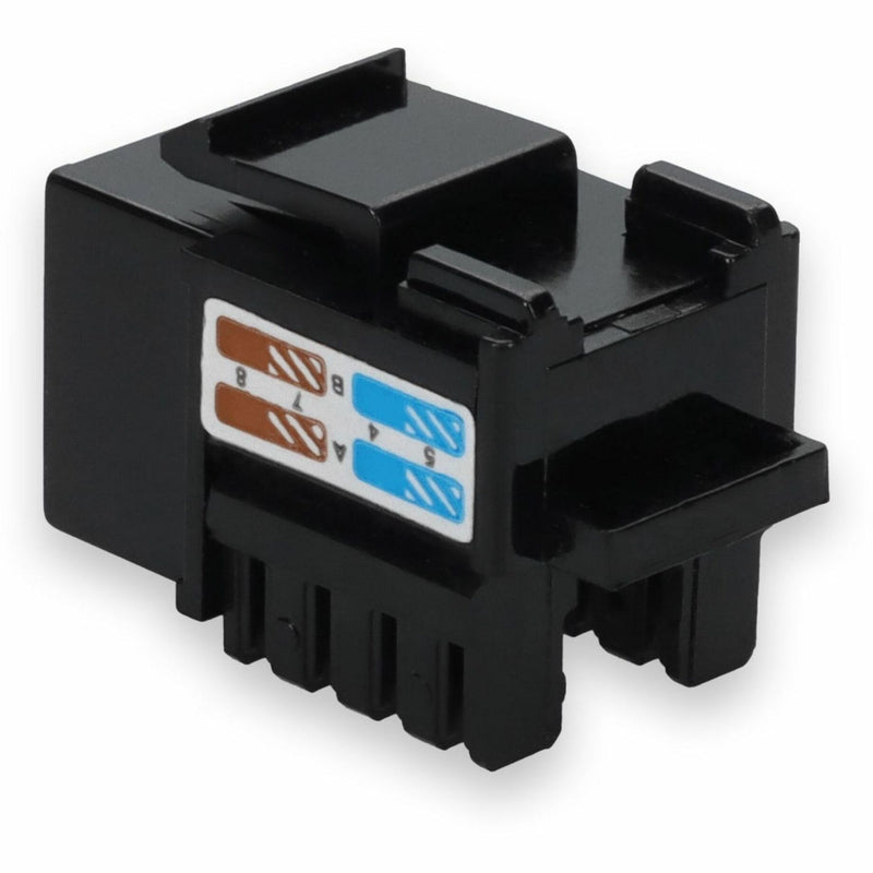 Angled view of black Cat6A keystone jack showing compact design