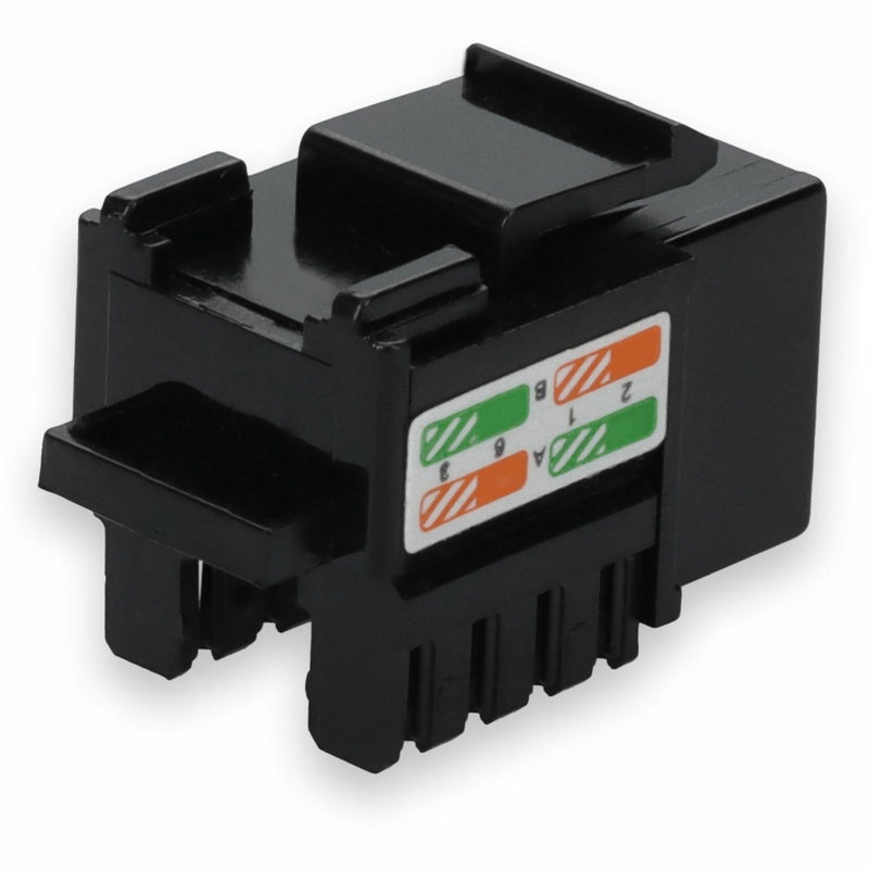 Detailed view of Cat6A keystone jack with orange and green wiring diagram