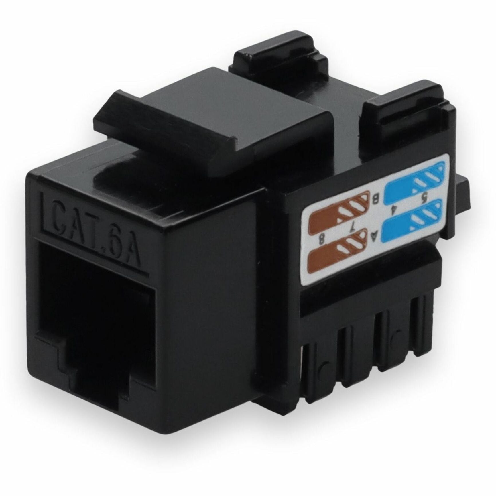 Front view of black Cat6A keystone jack with blue and brown wiring diagram label-alternate-image1