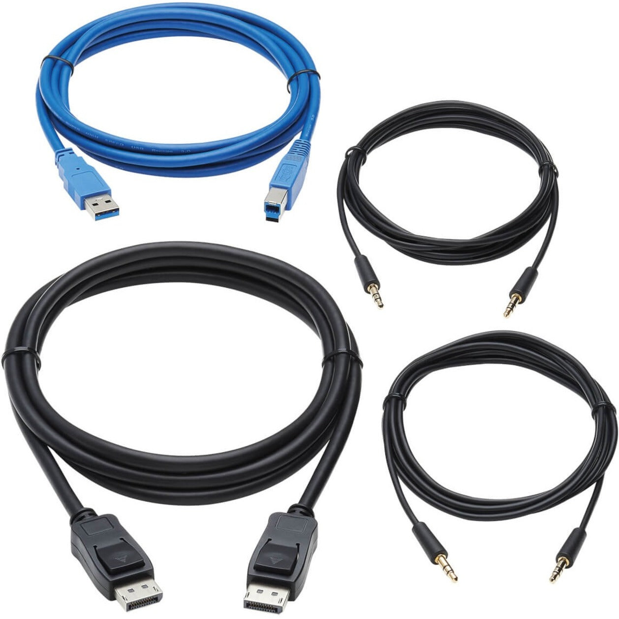 Complete KVM cable kit showing DisplayPort, USB, and audio cables arranged on white background-alternate-image1